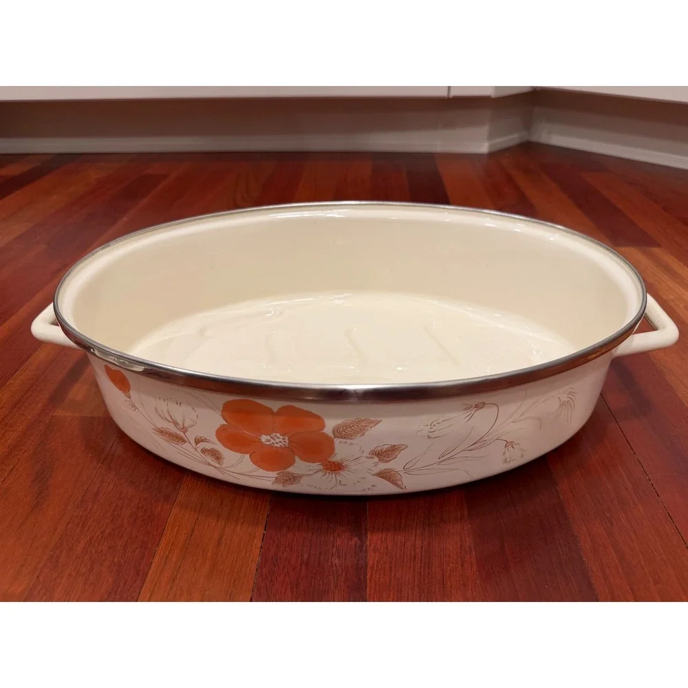 Vntg Watercolor Hearthside Blush Enamelware Oval Roasting Pan with Lid Floral‎